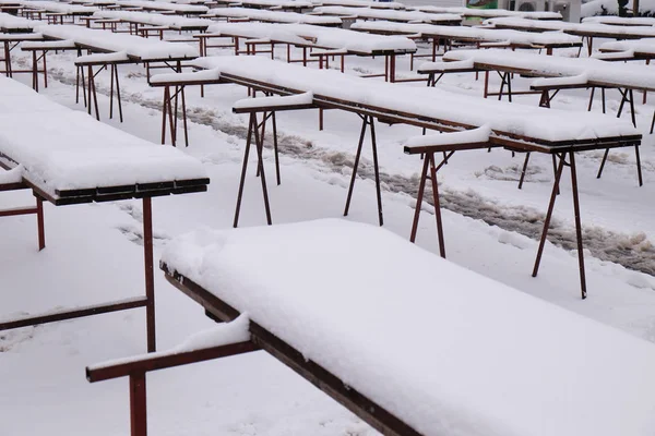 Kaplı Kar Yağışı Tezgahları Piyasada Boş Zagreb Hırvatistan — Stok fotoğraf