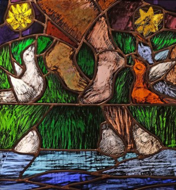 Assisi 'li Aziz Francis, Almanya' nın Kleinostheim kentindeki Fransisken manastırında Sieger Koder tarafından hazırlanan vitraylı pencerenin ayrıntıları.