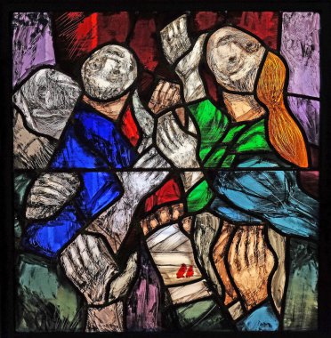 Macaristan 'ın Aziz Elizabeth' i, Almanya 'nın Kleinostheim kentindeki Fransisken manastırında Sieger Koder tarafından hazırlanan vitraylı pencerenin ayrıntıları.