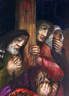Arimathea 'lı Aziz Joseph, Evangelist Aziz John ve Nicodemus, Almanya' nın Rosenberg kentindeki Our Lady of Sorrows Kilisesi 'nde Sieger Koder' in sunağının ayrıntıları.
