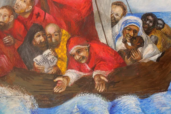 聖シリル メトディウス 教皇ヨハネ23世 カルカッタのテレサ ピーターのボートの聖クレメント プリミスワイラーの聖クレメント教会でシーガー コーダーによるフレスコ画の詳細 ドイツ — ストック写真