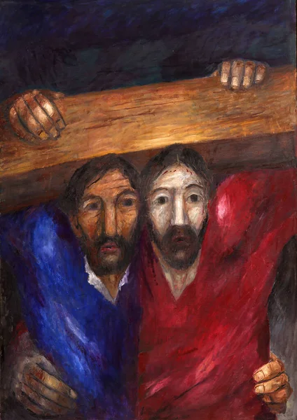 키레네의 시몬은 십자가를 운반하는데 코더는 Wasseralfingen 스테파노 성당에서 십자가의 계단을 — 스톡 사진