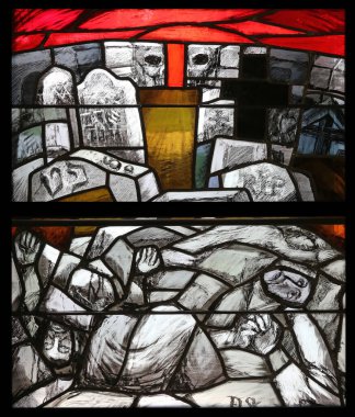 Ölüm ve ölüm, Sieger Koder tarafından Pullach, Almanya 'daki Cizvit mezarlığındaki Şapel' de vitray pencere.