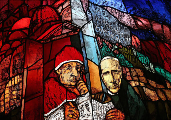 Pope John XXIII and Pierre Teilhard de Chardin, stained glass window by Sieger Koder at Holy Spirit church in Ellwangen, Germany