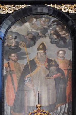 Hırvatistan 'ın Zagreb kentinde İskenderiyeli Aziz Catherine Kilisesi' nde Aziz Dionysius 'un mihrabını tutan Aziz Denis