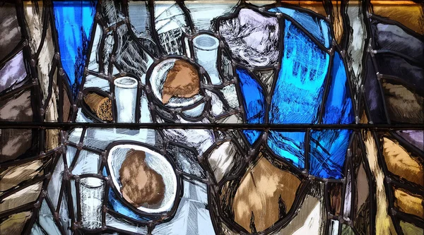 神の御霊は ドイツのピフラスにある聖ヨハネ教会のシーガー コダーによるステンドグラスの窓の詳細と共に 死んで生きている新しい命を目覚めさせます — ストック写真