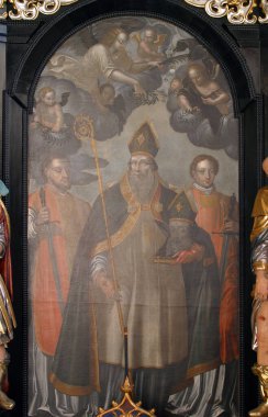 Hırvatistan 'ın Zagreb kentinde İskenderiyeli Aziz Catherine Kilisesi' nde Aziz Dionysius 'un mihrabını tutan Aziz Denis