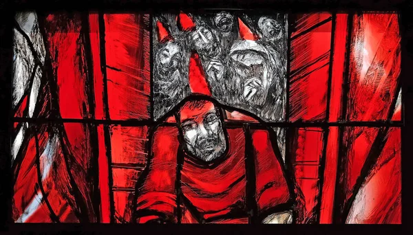 神はご自身を大切にし 彼らの人生の道でそれらを強化 ドイツのピフラスの聖ヨハネ教会のシーガー コーダーによるステンドグラスの窓の詳細 — ストック写真