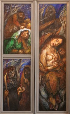 Ruth, Tamar ve Eve, Almanya Wasseralfingen 'deki St. Stephen Kilisesi' nde Sieger Koder 'in sunağının ayrıntıları.