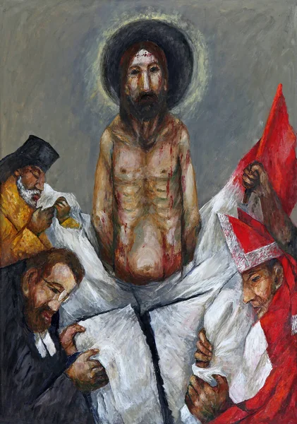 イエスは彼の衣服を剥ぎ取られ 10番目の十字架の駅はドイツのWasseralfingenにある聖シュテファン教会のシーガー コダーによって — ストック写真