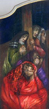 Aziz Mary Magdalene, Arimathealı Aziz Joseph, Evangelist Aziz John ve Nicodemus, Almanya 'nın Rosenberg kentindeki Our Lady of Sorrows Kilisesi' nde Sieger Koder 'in sunağı.