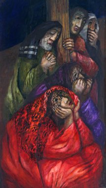 Aziz Mary Magdalene, Arimathealı Aziz Joseph, Evangelist Aziz John ve Nicodemus, Almanya 'nın Rosenberg kentindeki Our Lady of Sorrows Kilisesi' nde Sieger Koder 'in sunağı.