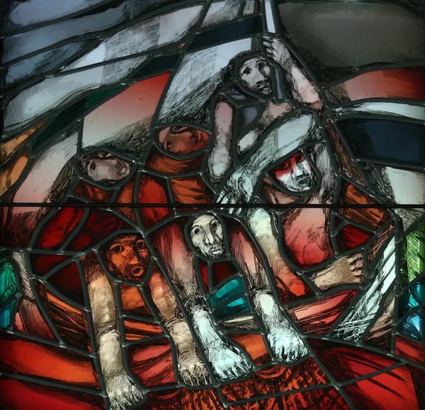 Ráno Jezeře Velikonoce Detail Vitrážového Okna Siegera Kodera Kapli Jezuitském — Stock fotografie