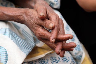 Yaşlı bir Hintli kadının elleri, Kumrokhali, Batı Bengal, Hindistan