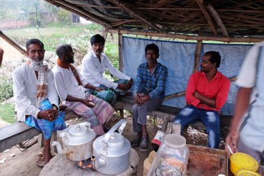 Hindistan, Batı Bengal 'deki Kumrokhali köyündeki tipik bir çay evinde Hintli erkekler.
