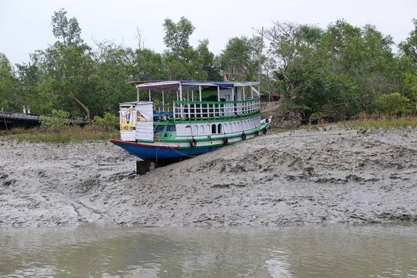 Båt Leriga Stränder Mangrove Skog Sundarbans Ganges Delta Västra Bengalen — Stockfoto