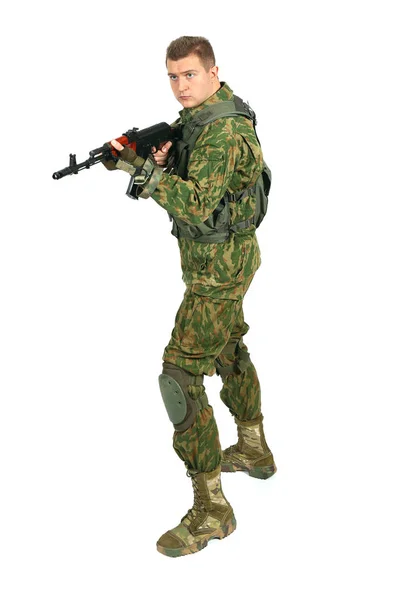 Military serviceman with rifle on white — Stock Photo, Image