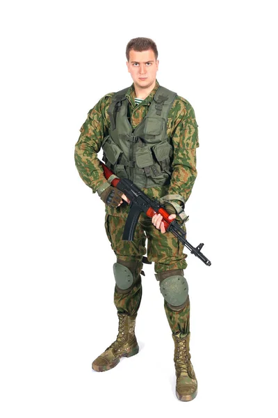 Military serviceman with rifle on white — Stock Photo, Image