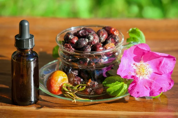 Cup with dry berries of a dogrose and bottle of essential oil — Stock Photo, Image