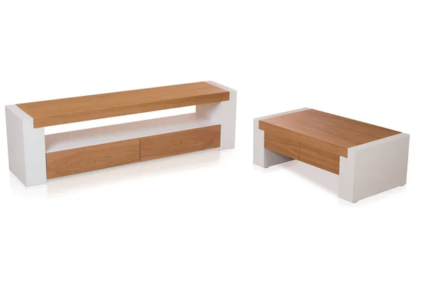 现代木制餐具柜 咖啡桌与白色背景隔绝 图库图片