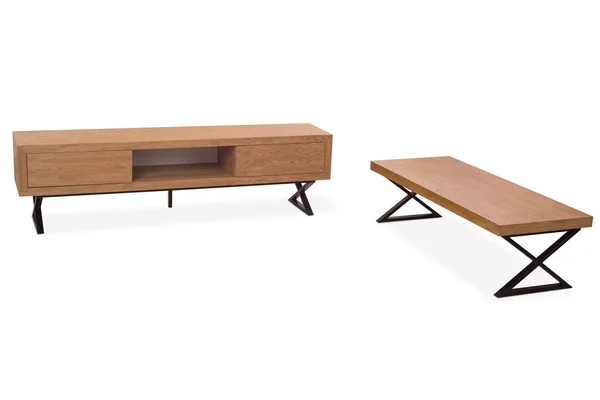 现代木制餐具柜 咖啡桌与白色背景隔绝 免版税图库图片