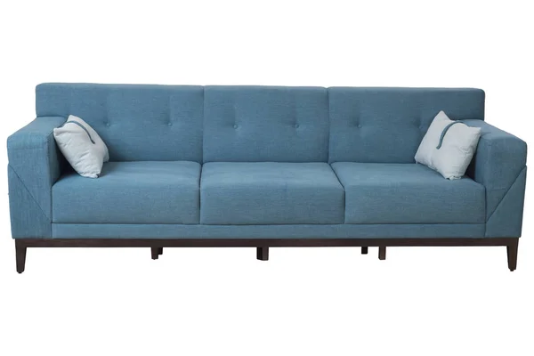 三个座椅舒适的现代设计的沙发与绿松石色织物和浅蓝色枕头隔离白色背景 免版税图库图片