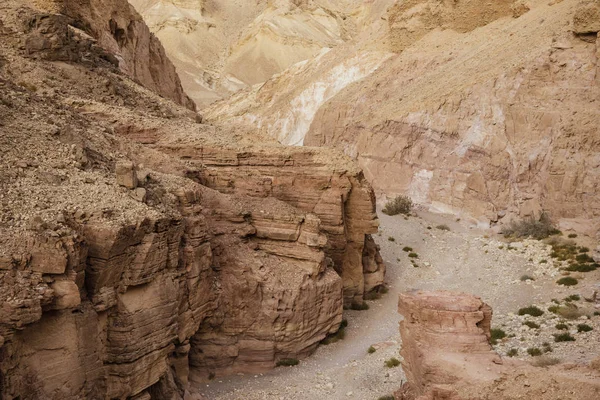 红色峡谷 巨大的悬崖 正午的太阳照亮了高沙漠槽峡谷的五颜六色的砂岩岩石 旅行在以色列 在埃拉特山脉 图库图片