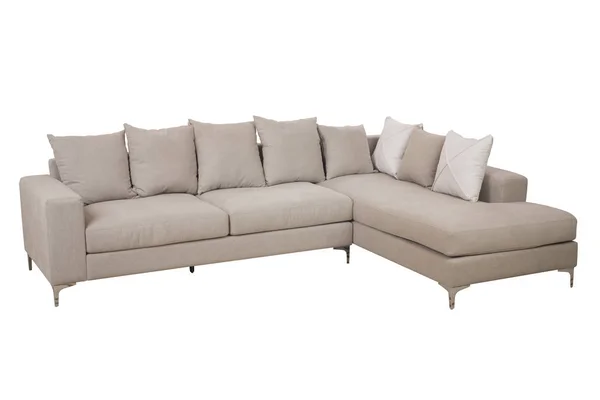 舒适的现代设计的角落沙发与米色的颜色织品和枕头隔绝在白色背景上 免版税图库图片