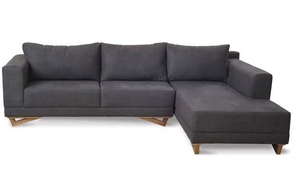 舒适的现代设计的角落沙发与棕色色织物隔绝白色背景 图库照片