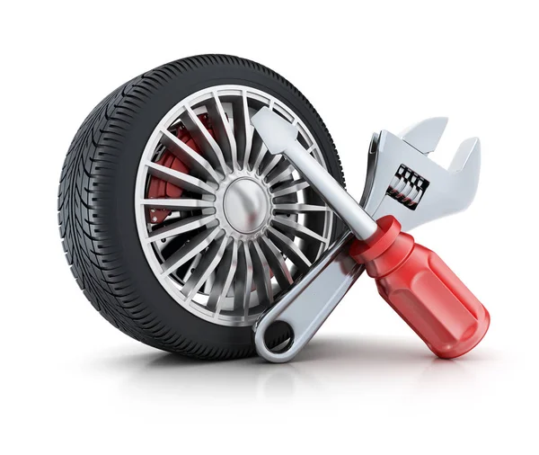 Wiel van de auto en reparatie symbool tools — Stockfoto