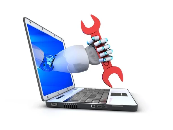 Laptop e chave vermelha na mão robô — Fotografia de Stock