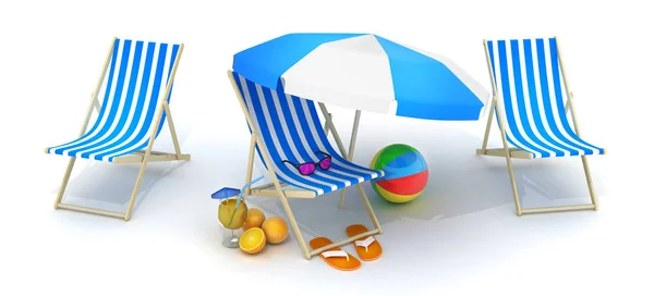 Három beach, ágy és napernyő — Stock Fotó