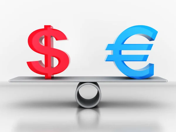 Signo de dólar y euro en la balanza — Foto de Stock