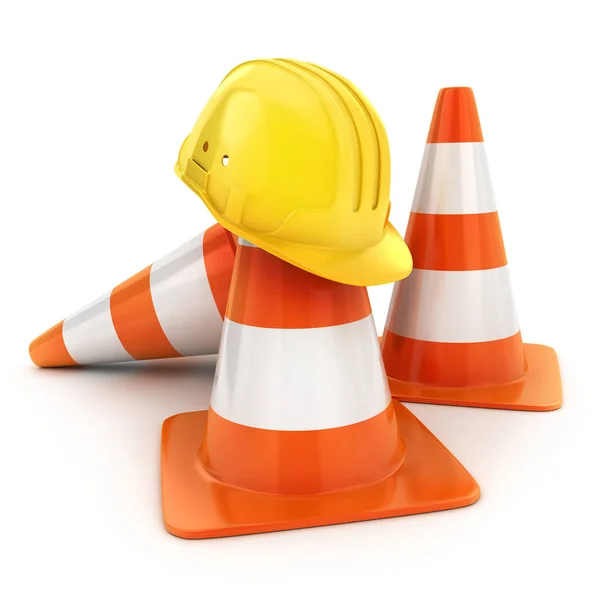 Three cones road and helmet — Stock Photo, Image