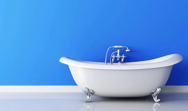 Bathtub and faucet and blue wall — Stock Photo, Image