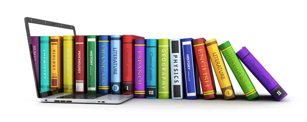 Laptop en vele boek rij — Stockfoto