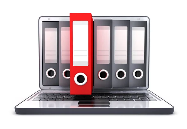 Laptop 3d and many files and one red file — Stock Photo, Image