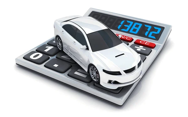 Calculadora e pequeno carro branco no fundo branco — Fotografia de Stock