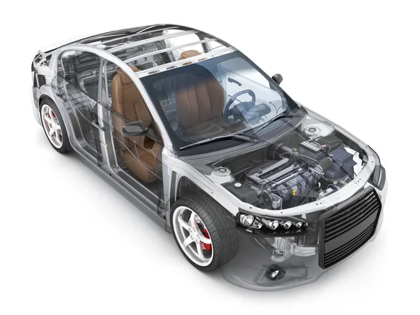 透明ボディ車とスペアとエンジンと白の背景に他の詳細 3Dイラスト — ストック写真