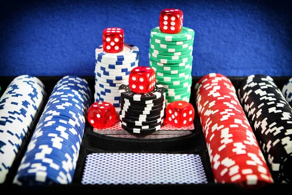 Poker Gambling Set Playing Cards Dices Poker Chips — Stock Photo, Image