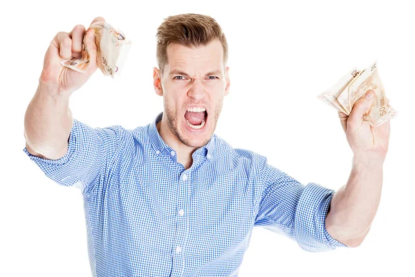 Ung man med pengar i hans Hand skrek — Stockfoto