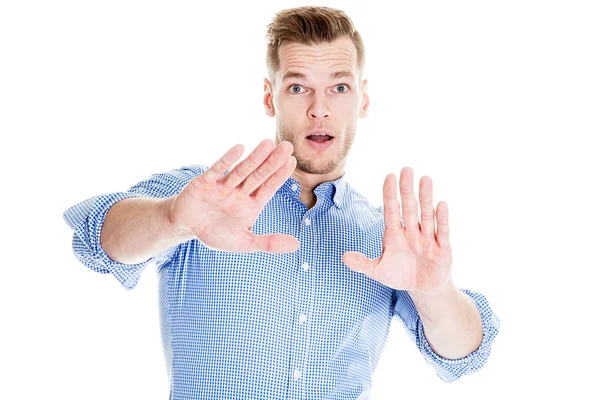 Hombre guapo haciendo gesto sorpresa aislado en blanco —  Fotos de Stock