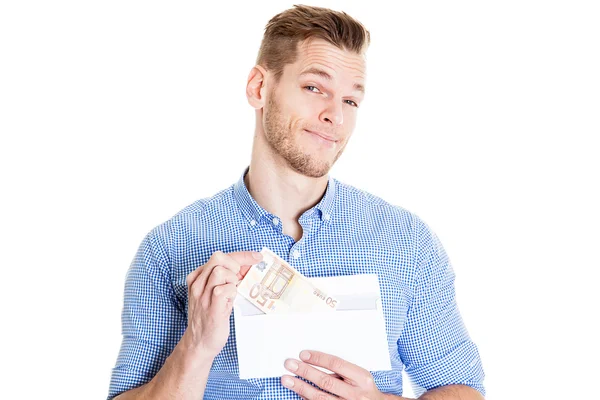 Happy businessman holding money in envelope over white backgroun — Stock Photo, Image