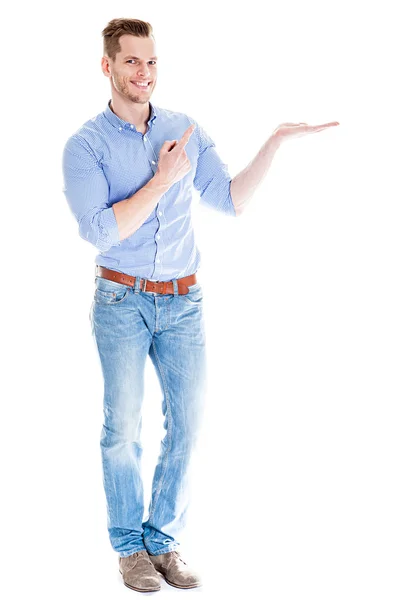 Man presenting something imaginary - isolated over a white background — Stock Photo, Image