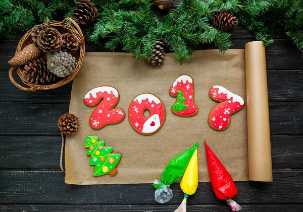 Happy New Year 2017. Decorative painting handmade gingerbread. — Stock Photo, Image