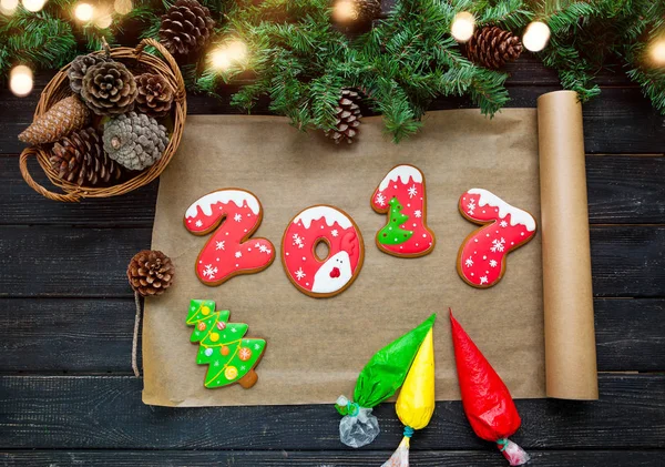 Happy New Year 2017. Decorative painting handmade gingerbread. — Stock Photo, Image