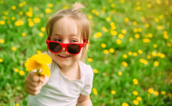Little girl in sunglasses on the lawn with yellow dandelions. Copy space. — Stock Photo, Image