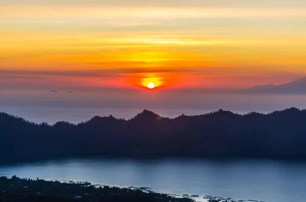 Amazing Panorama View Sunrise Mountain Summit Batur Volcano Bali Indonesia — Stock Photo, Image