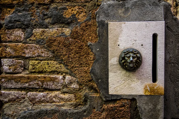 Puerta de latón y timbre en forma de cabeza de león en una vieja pared de ladrillo agrietado, Venecia, Italia — Foto de Stock