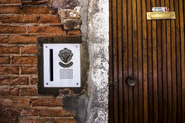 brass doorplate and doorbell in a shape of a lion\'s head on an old, cracked brick wall and wooden door with a plate \